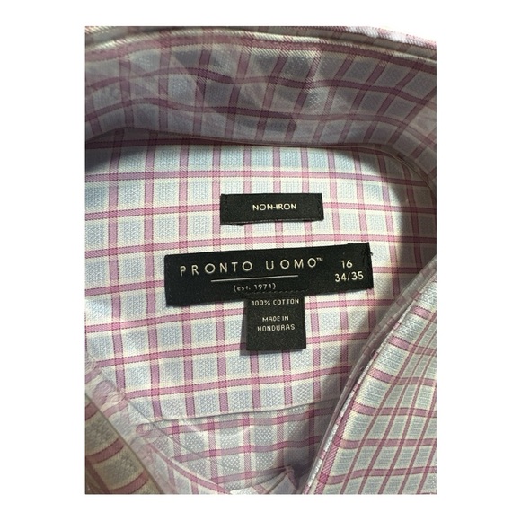 Pronto Uomo Modern Fit Dress Shirt 16 34/35 | Non-Iron |Pink, blue & white plaid - Picture 2 of 6
